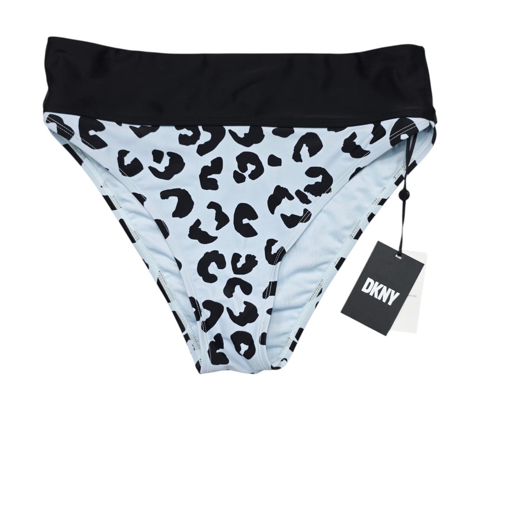 DKNY Womens High Waisted Bikini Bottoms Blue Black Leopard Animal Print Large